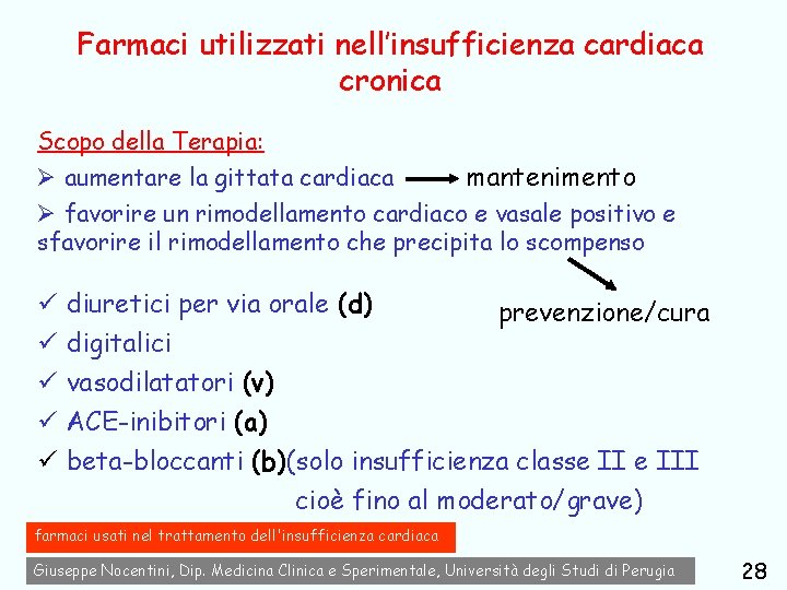 Farmaci utilizzati nell’insufficienza cardiaca cronica Scopo della Terapia: mantenimento Ø aumentare la gittata cardiaca