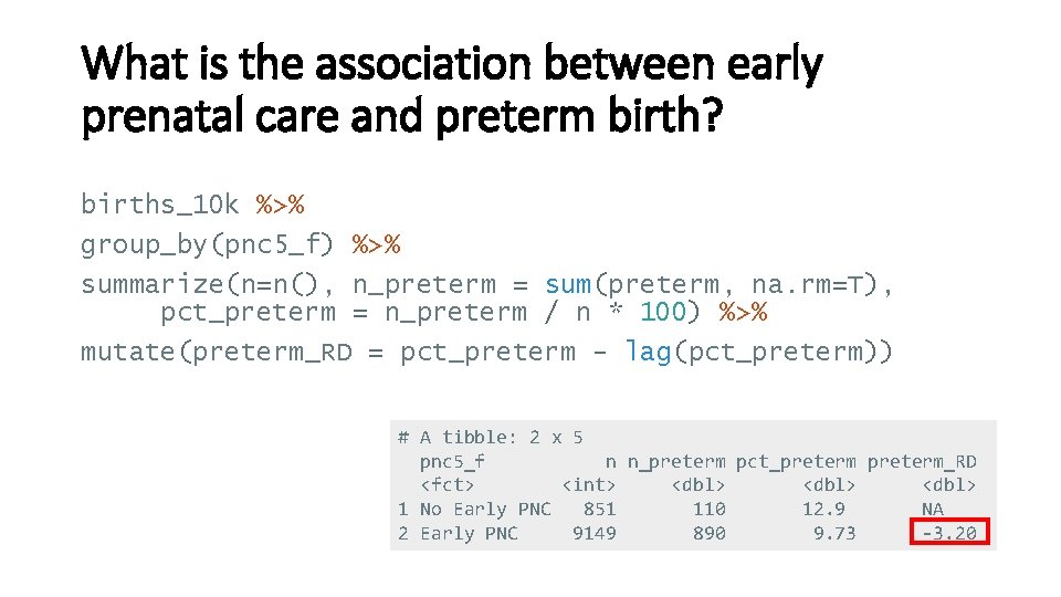 What is the association between early prenatal care and preterm birth? births_10 k %>%