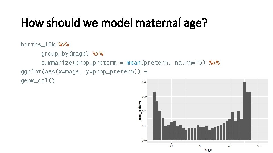 How should we model maternal age? births_10 k %>% group_by(mage) %>% summarize(prop_preterm = mean(preterm,