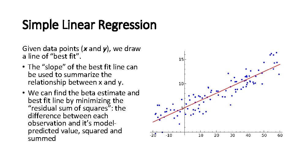 Simple Linear Regression Given data points (x and y), we draw a line of