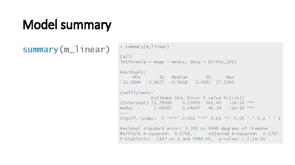 Model summary(m_linear) > summary(m_linear) Call: lm(formula = mage ~ meduc, data = births_10 k)