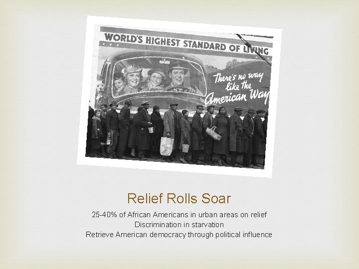Relief Rolls Soar 25 -40% of African Americans in urban areas on relief Discrimination