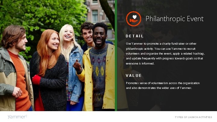 Philanthropic Event DETAIL Use Yammer to promote a charity fundraiser or other philanthropic activity. Philanthropic Event DETAIL Use Yammer to promote a charity fundraiser or other philanthropic activity.