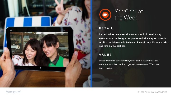 Yam. Cam of the Week DETAIL Record a video interview with a coworker. Include Yam. Cam of the Week DETAIL Record a video interview with a coworker. Include