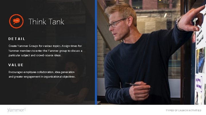 Think Tank DETAIL Create Yammer Groups for various topics. Assign times for Yammer members Think Tank DETAIL Create Yammer Groups for various topics. Assign times for Yammer members
