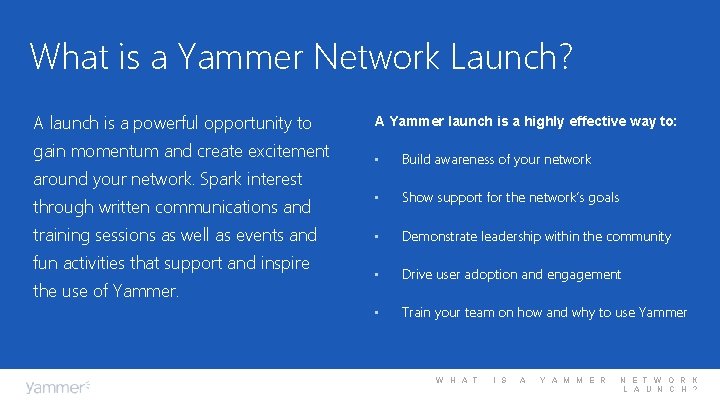 What is a Yammer Network Launch? A launch is a powerful opportunity to A What is a Yammer Network Launch? A launch is a powerful opportunity to A