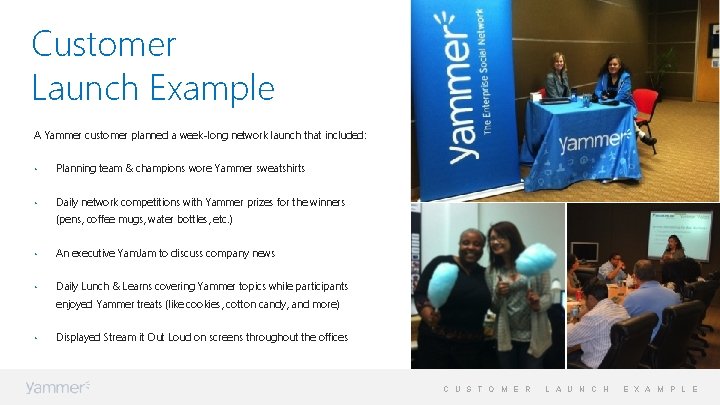 Customer Launch Example A Yammer customer planned a week-long network launch that included: • Customer Launch Example A Yammer customer planned a week-long network launch that included: •