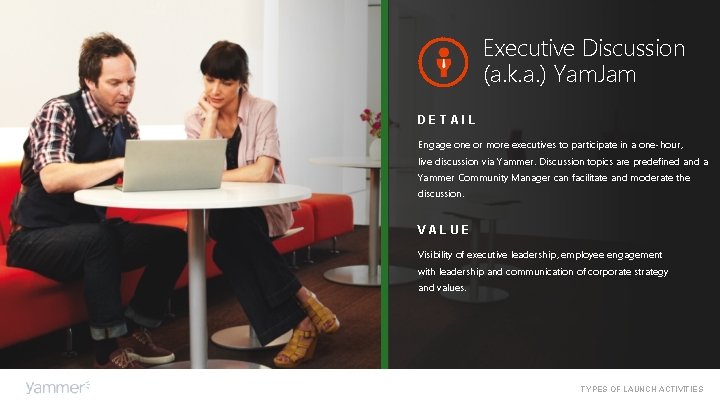 Executive Discussion (a. k. a. ) Yam. Jam DETAIL Engage one or more executives Executive Discussion (a. k. a. ) Yam. Jam DETAIL Engage one or more executives
