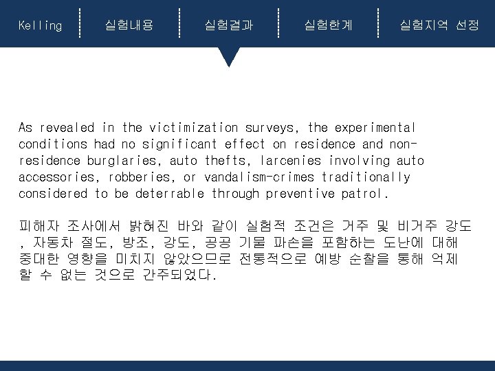 Kelling 실험내용 실험결과 실험한계 실험지역 선정 As revealed in the victimization surveys, the experimental Kelling 실험내용 실험결과 실험한계 실험지역 선정 As revealed in the victimization surveys, the experimental