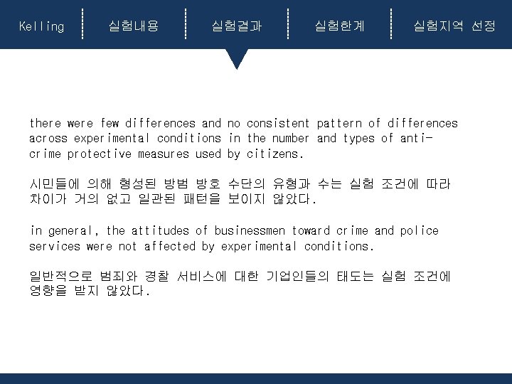 Kelling 실험내용 실험결과 실험한계 실험지역 선정 there were few differences and no consistent pattern Kelling 실험내용 실험결과 실험한계 실험지역 선정 there were few differences and no consistent pattern