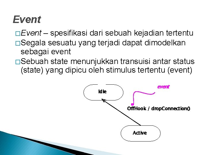 Event � Event – spesifikasi dari sebuah kejadian tertentu � Segala sesuatu yang terjadi