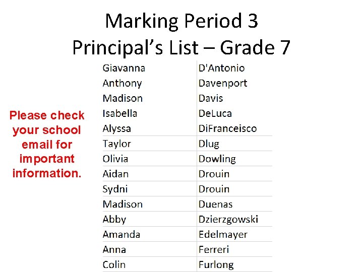 Marking Period 3 Principal’s List – Grade 7 Please check your school email for