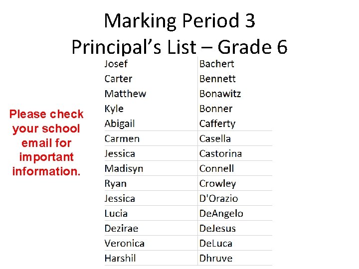 Marking Period 3 Principal’s List – Grade 6 Please check your school email for