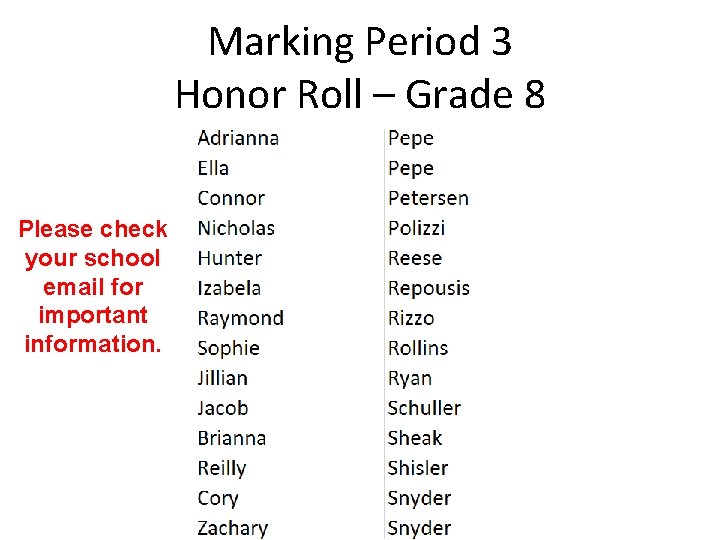 Marking Period 3 Honor Roll – Grade 8 Please check your school email for