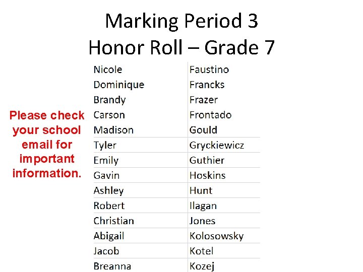 Marking Period 3 Honor Roll – Grade 7 Please check your school email for