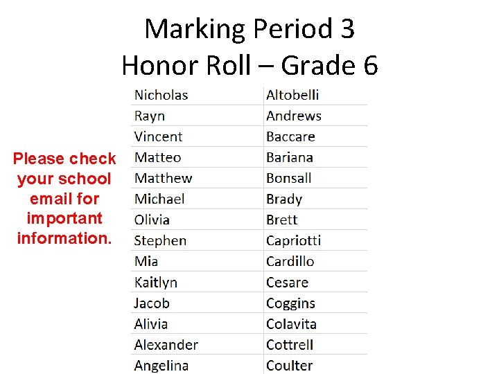 Marking Period 3 Honor Roll – Grade 6 Please check your school email for