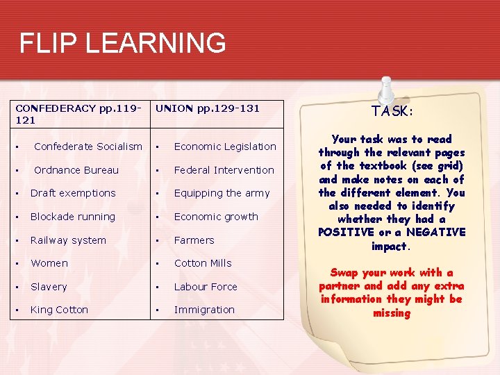 FLIP LEARNING CONFEDERACY pp. 119121 UNION pp. 129 -131 • Confederate Socialism • Economic