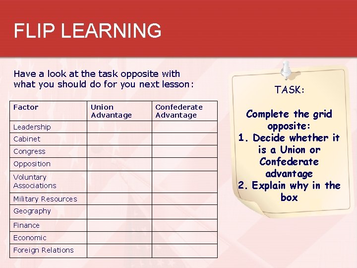 FLIP LEARNING Have a look at the task opposite with what you should do