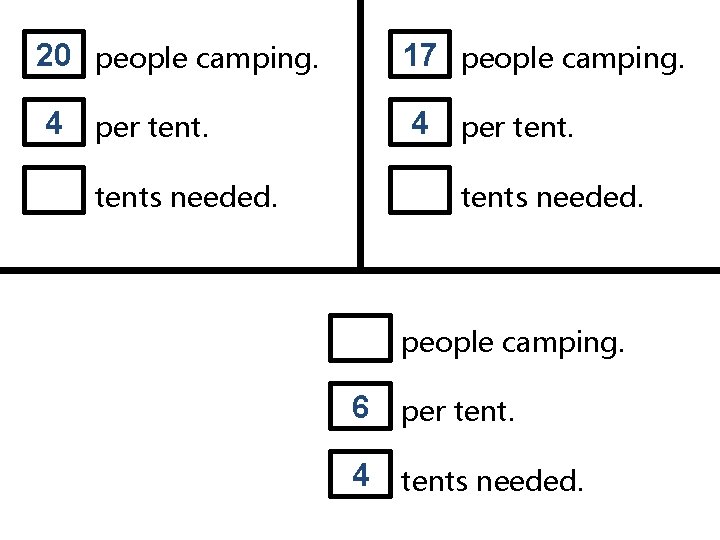 20 people camping. 17 people camping. 4 per tents needed. people camping. 6 per