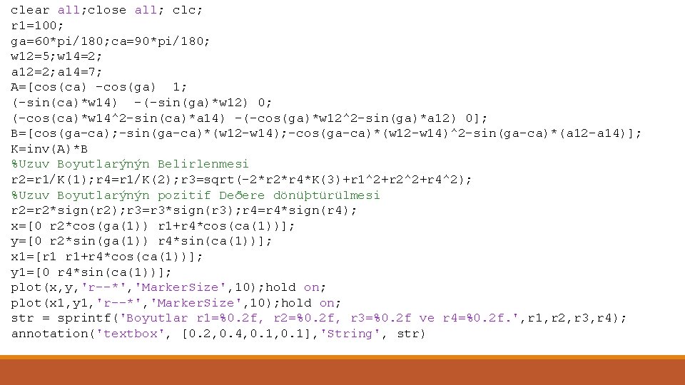 clear all; close all; clc; r 1=100; ga=60*pi/180; ca=90*pi/180; w 12=5; w 14=2; a