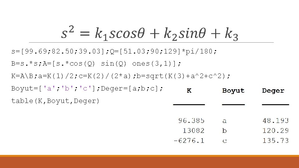 s=[99. 69; 82. 50; 39. 03]; Q=[51. 03; 90; 129]*pi/180; B=s. *s; A=[s. *cos(Q)