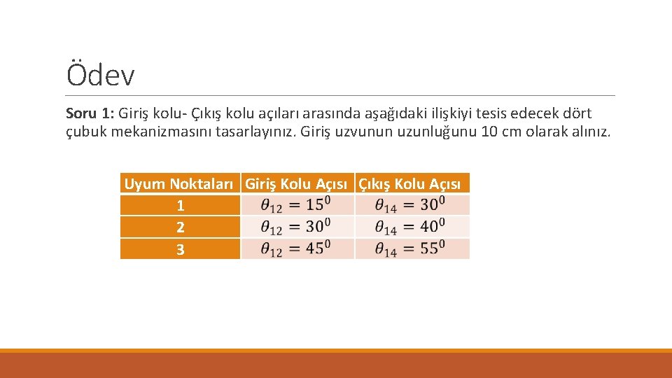 Ödev Soru 1: Giriş kolu- Çıkış kolu açıları arasında aşağıdaki ilişkiyi tesis edecek dört