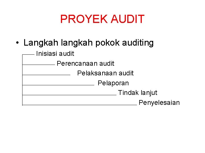 PROYEK AUDIT • Langkah langkah pokok auditing Inisiasi audit Perencanaan audit Pelaksanaan audit Pelaporan