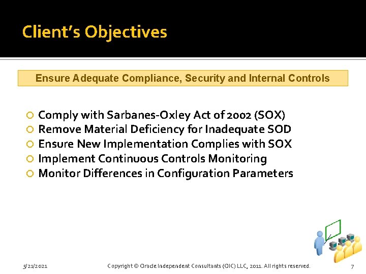 Client’s Objectives Ensure Adequate Compliance, Security and Internal Controls Comply with Sarbanes-Oxley Act of