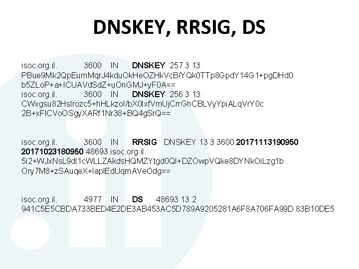 DNSKEY, RRSIG, DS isoc. org. il. 3600 IN DNSKEY 257 3 13 PBue 9 DNSKEY, RRSIG, DS isoc. org. il. 3600 IN DNSKEY 257 3 13 PBue 9