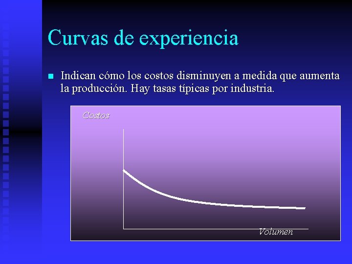 Curvas de experiencia n Indican cómo los costos disminuyen a medida que aumenta la