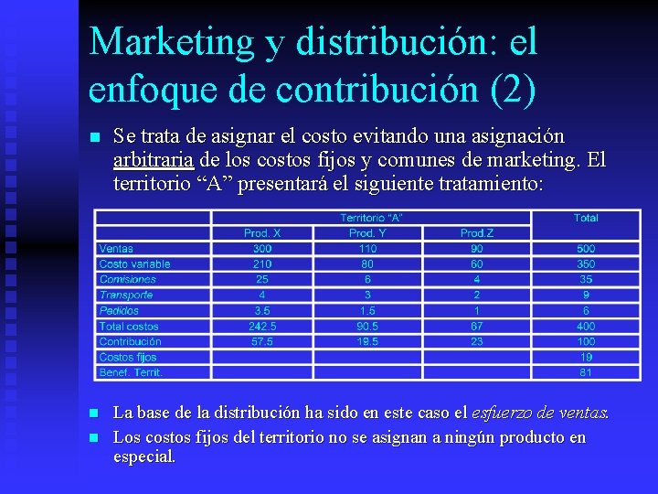 Marketing y distribución: el enfoque de contribución (2) n Se trata de asignar el