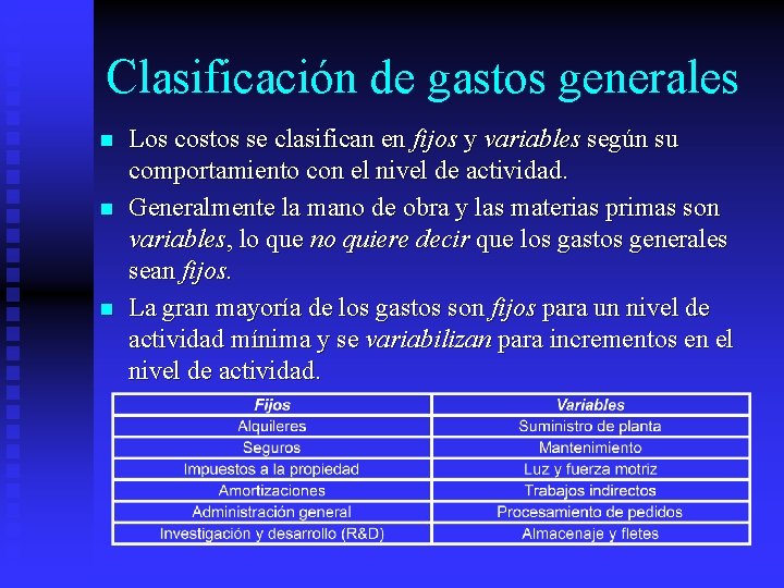 Clasificación de gastos generales n n n Los costos se clasifican en fijos y