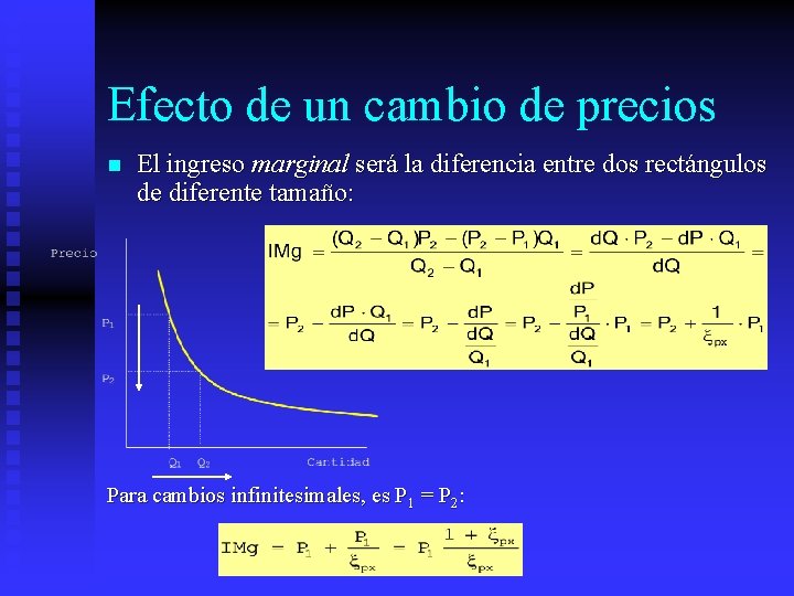 Efecto de un cambio de precios n El ingreso marginal será la diferencia entre