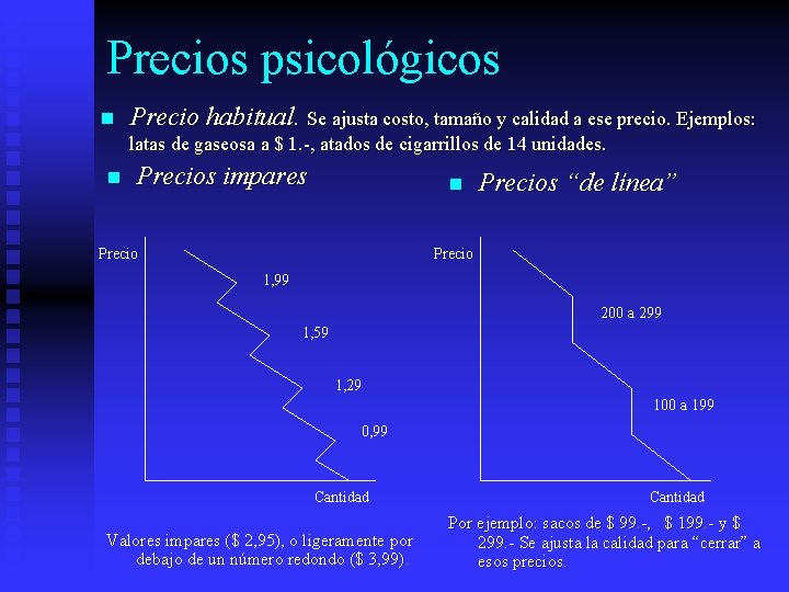 Precios psicológicos n Precio habitual. Se ajusta costo, tamaño y calidad a ese precio.