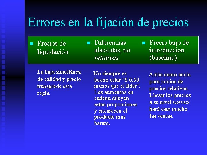 Errores en la fijación de precios n Precios de liquidación La baja simultánea de