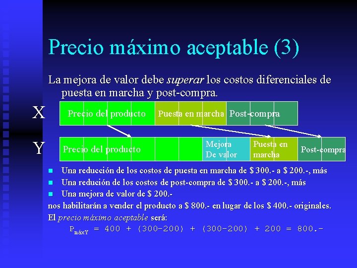 Precio máximo aceptable (3) La mejora de valor debe superar los costos diferenciales de