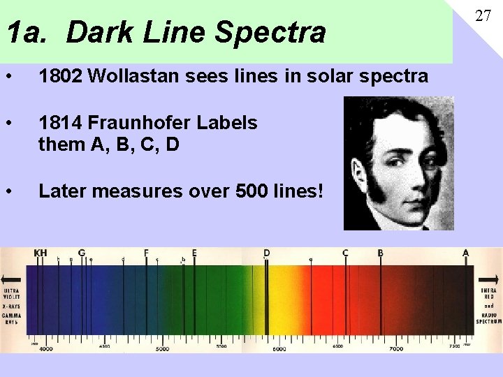 1 a. Dark Line Spectra • 1802 Wollastan sees lines in solar spectra •