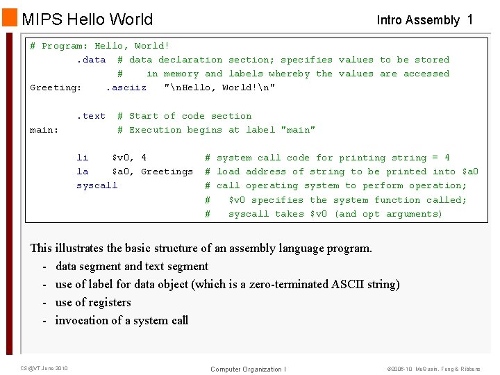 MIPS Hello World Intro Assembly 1 # Program: Hello, World!. data # data declaration