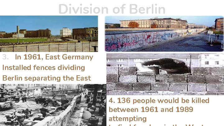 Division of Berlin 3. In 1961, East Germany Installed fences dividing Berlin separating the