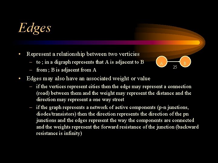 Edges • Represent a relationship between two verticies – to ; in a digraph