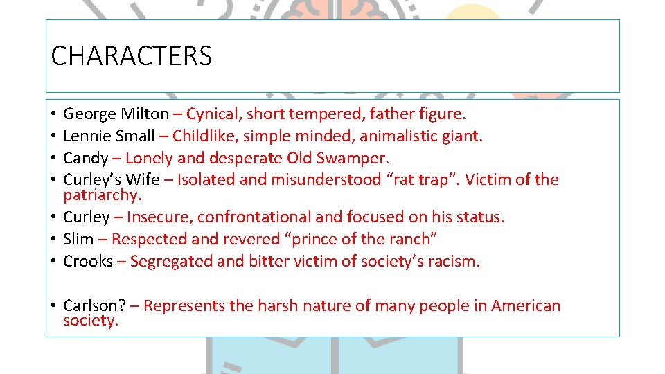 CHARACTERS George Milton – Cynical, short tempered, father figure. Lennie Small – Childlike, simple