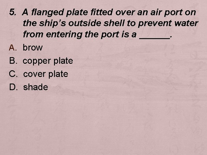 5. A flanged plate fitted over an air port on the ship’s outside shell