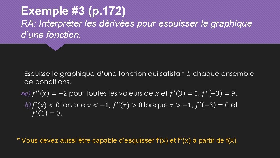 Exemple #3 (p. 172) RA: Interpréter les dérivées pour esquisser le graphique d’une fonction.