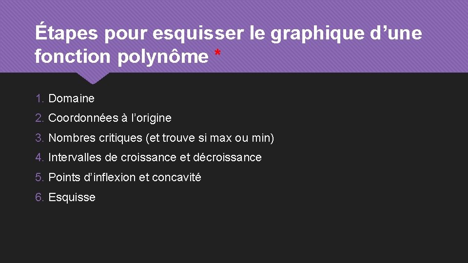 Étapes pour esquisser le graphique d’une fonction polynôme * 1. Domaine 2. Coordonnées à