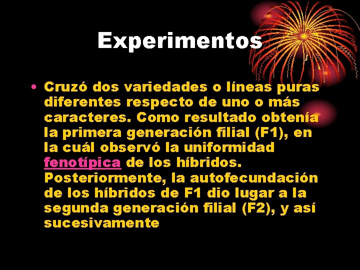 Experimentos • Cruzó dos variedades o líneas puras diferentes respecto de uno o más