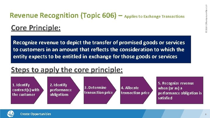 Core Principle: © 2019 Clifton. Larson. Allen LLP Revenue Recognition (Topic 606) – Applies