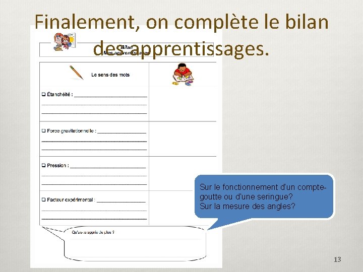 Finalement, on complète le bilan des apprentissages. Sur le fonctionnement d’un comptegoutte ou d’une