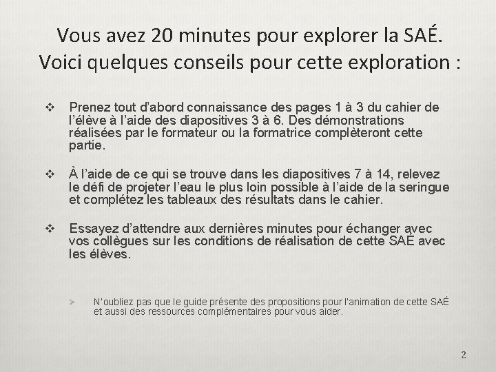 Vous avez 20 minutes pour explorer la SAÉ. Voici quelques conseils pour cette exploration