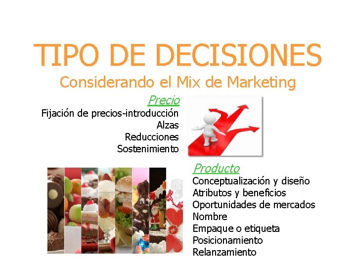 TIPO DE DECISIONES Considerando el Mix de Marketing Precio Fijación de precios-introducción Alzas Reducciones