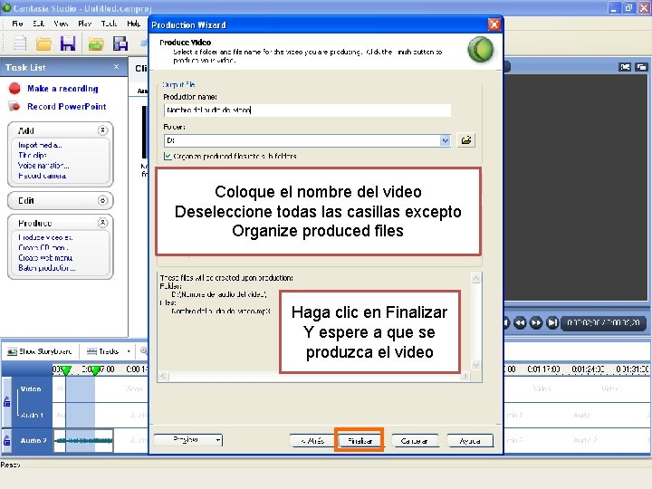 Coloque el nombre del video Deseleccione todas las casillas excepto Organize produced files Elija